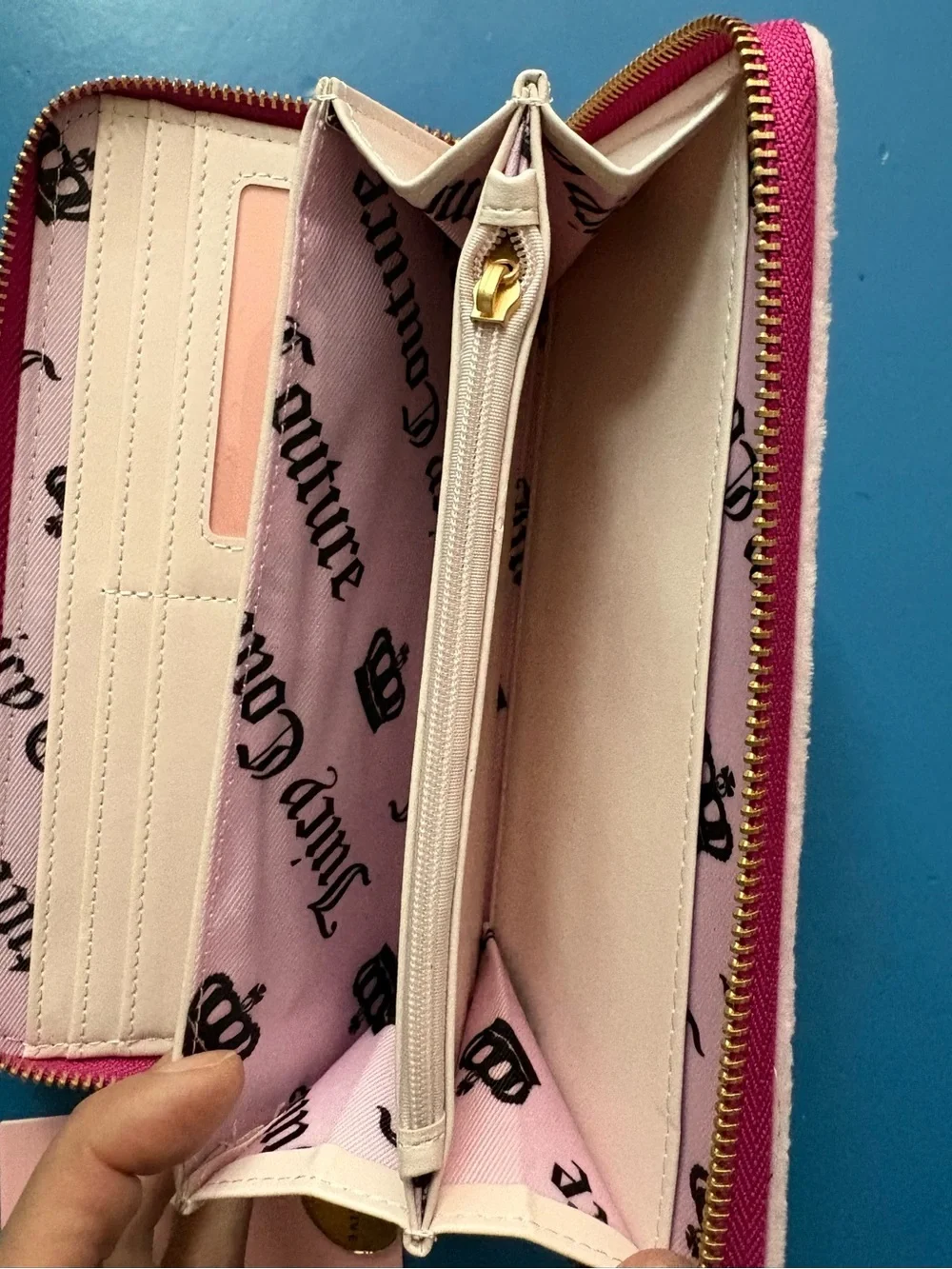 Juicy Couture Velour Embroidered Pink Large Zip Around Wallet Gold Charm